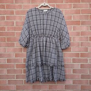 Megan Park Houndstooth Plaid Fringe Tiered Dress Size 1 Small